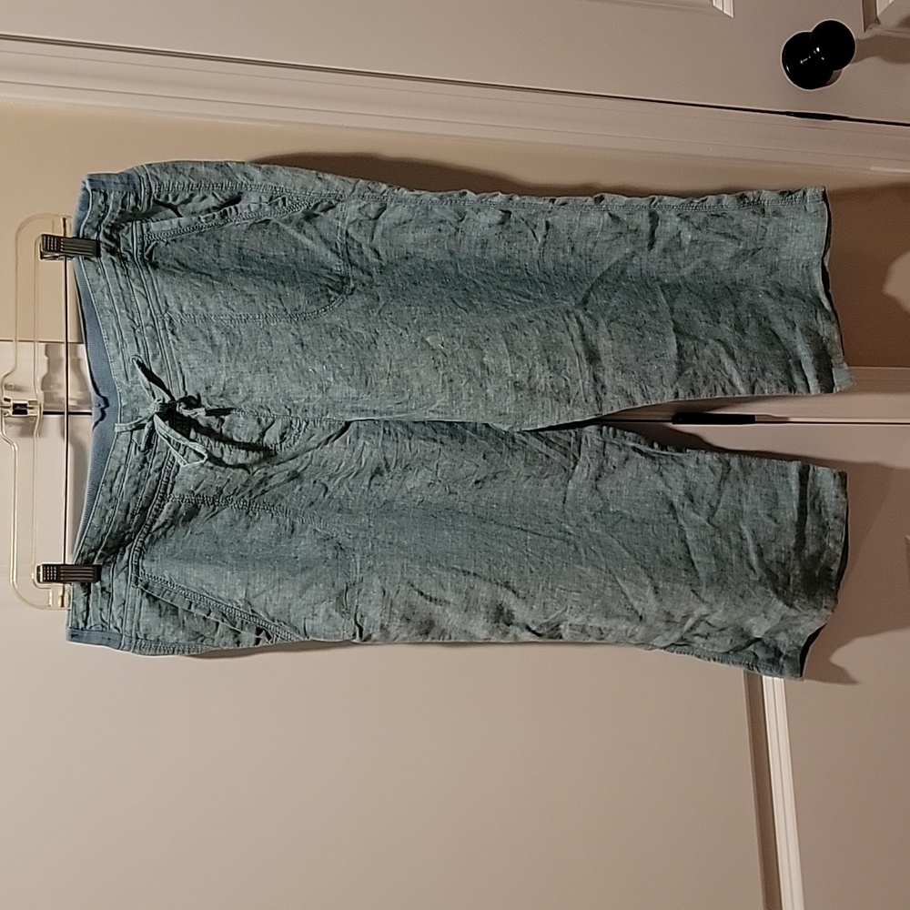 Light Teal Linen Drawstring Crop Pants